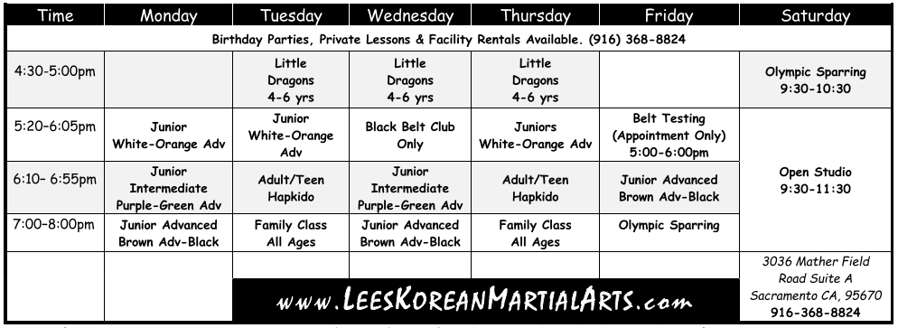 martial arts sacramento class schedule
